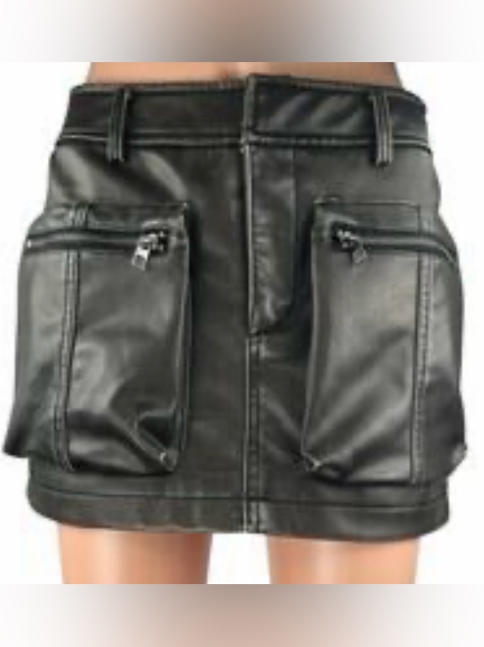 Zara Faux Leather Mini Skirt with Front Zipper Cargo Pockets Sz XS Dark Brown